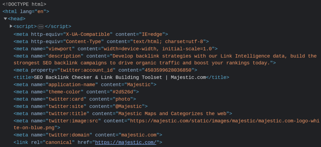 HTML code showing where the meta description is typically located within the <head> tag